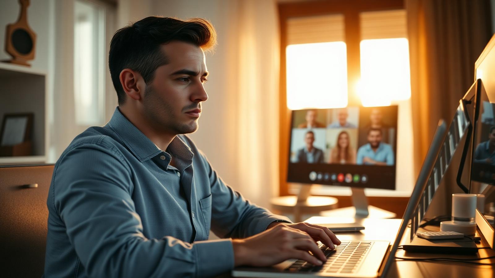 A professional at a home-office laptop during a tense video call with several small faces on screen at sunset