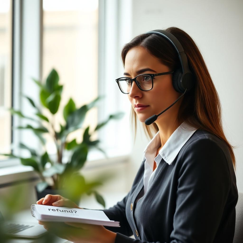 A customer service specialist wearing a headset in a bright office, listening carefully with a notebook that says 'refund?'
