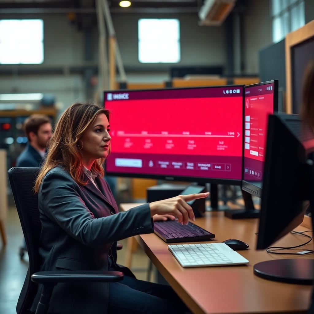 A calm operations manager at a warehouse control desk pointing at a red incident timeline on a wide monitor while two colleagues focus behind her