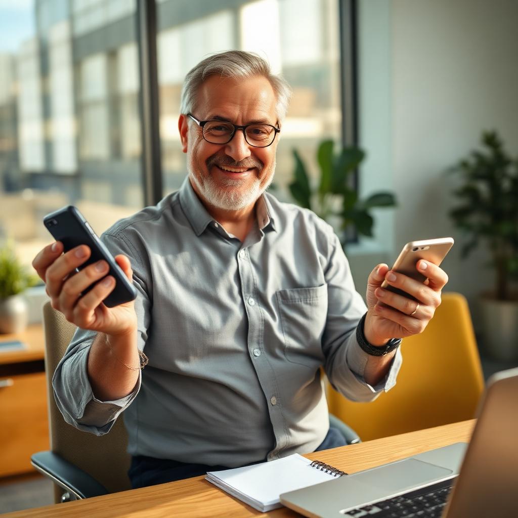 A middle-aged professional at a desk holding an old flip phone in one hand and a smartphone in the other, comparing them with a small smile