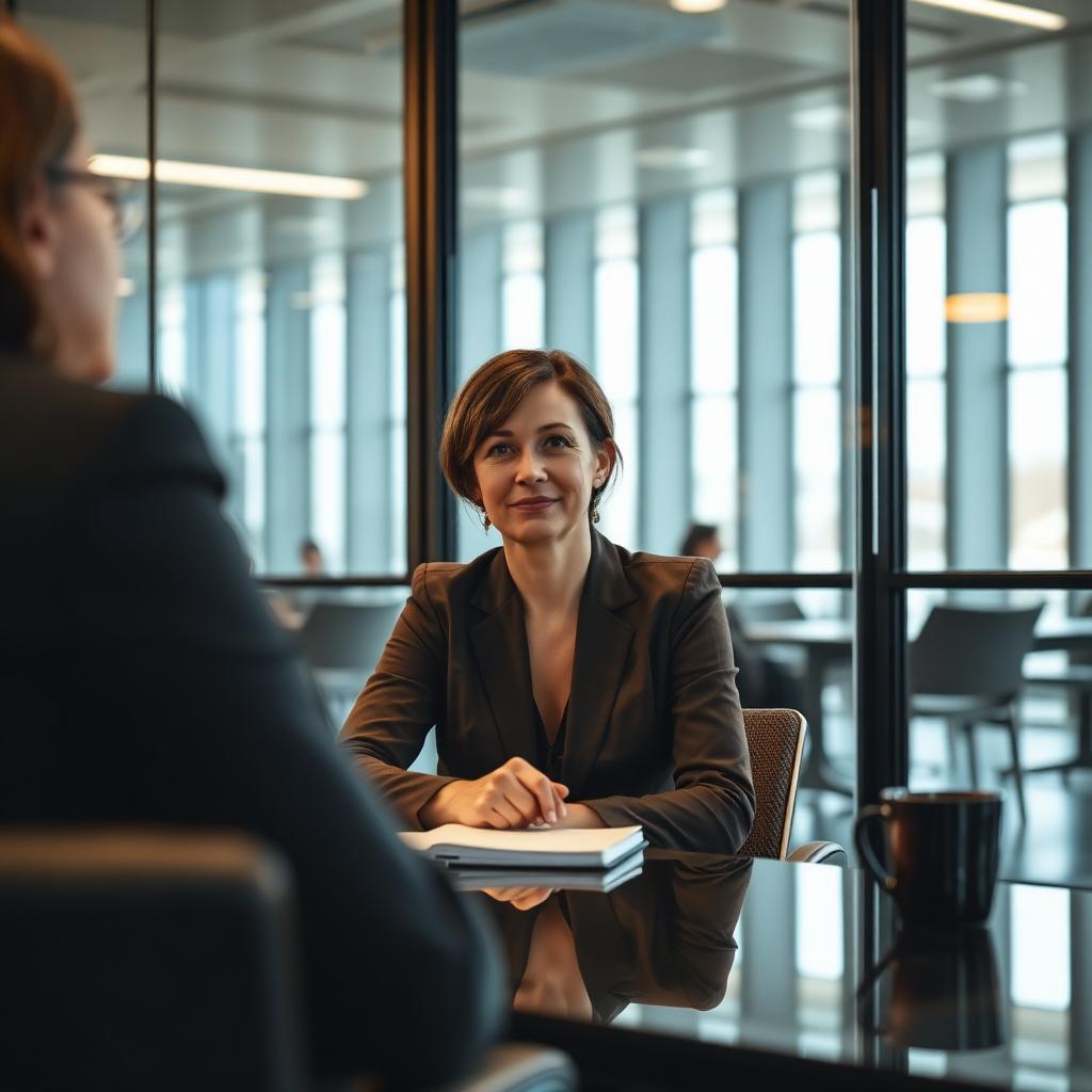 A calm mid-30s candidate at a glass-walled meeting-room table, ready for the opening question of an interview