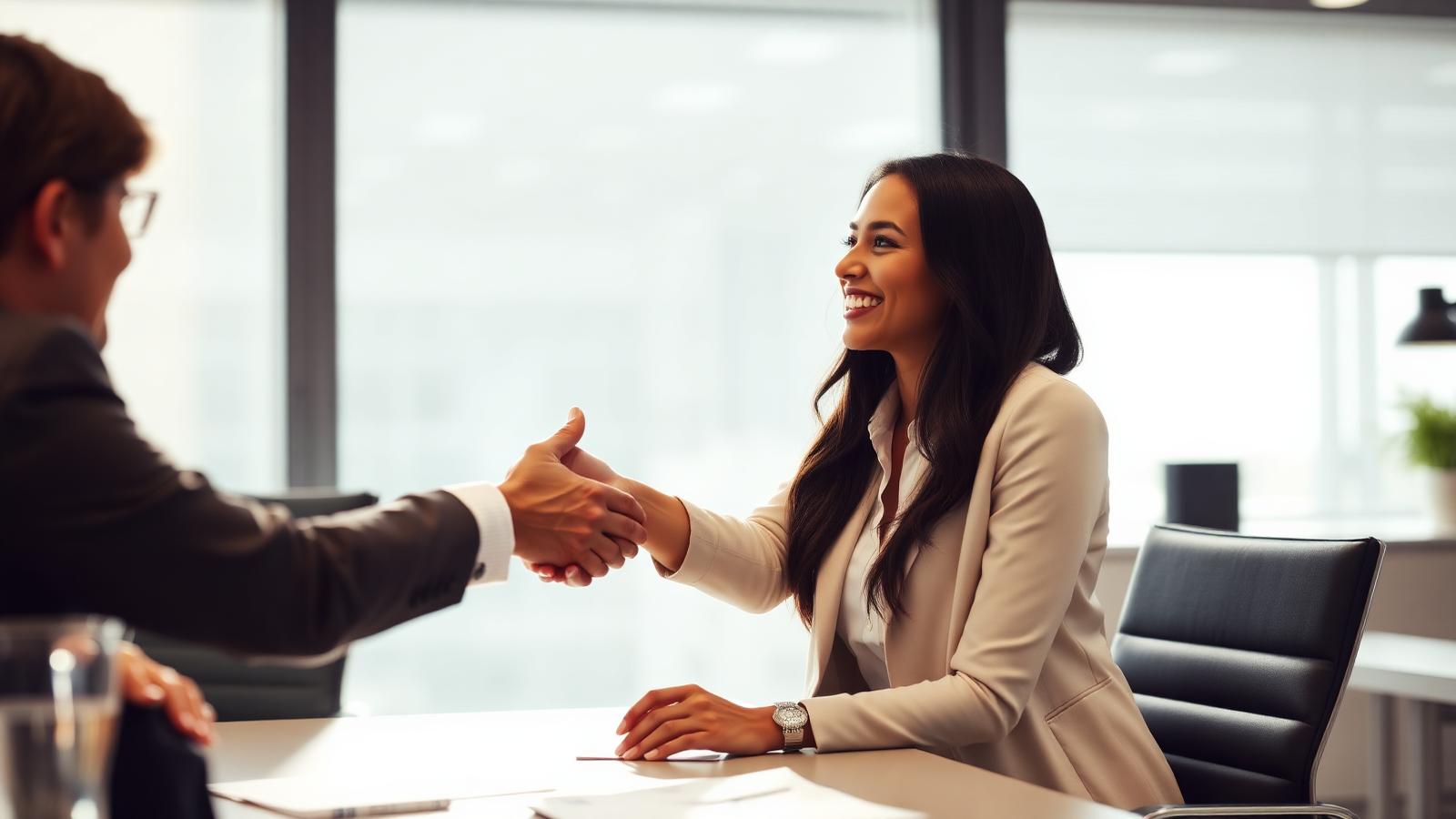 Two professionals shaking hands warmly in an office lobby after a successful interview