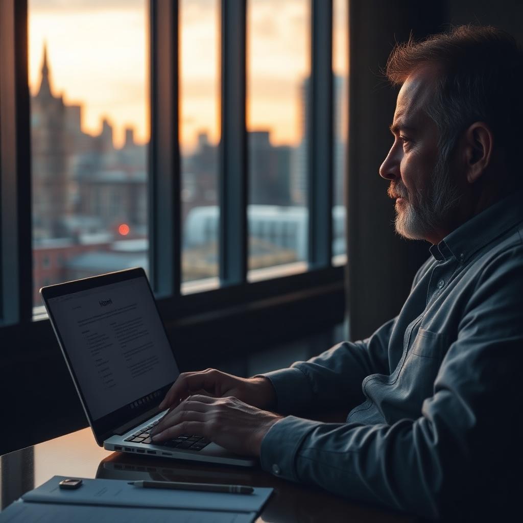 A senior consultant reviewing a laptop screen at dusk, an AI-drafted memo visible with highlighted corrections
