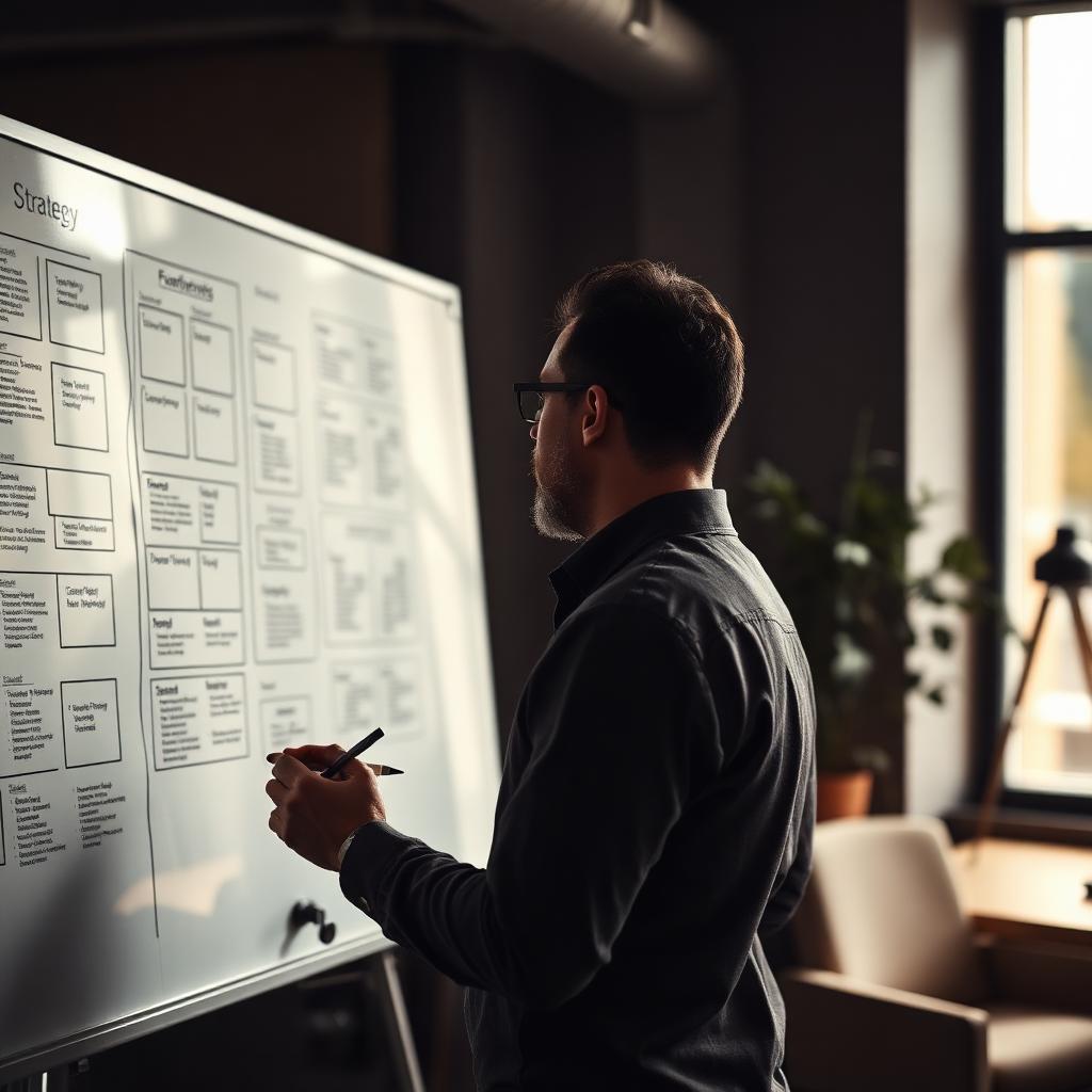 A strategy consultant standing at a whiteboard covered in framework diagrams, sleeves rolled up