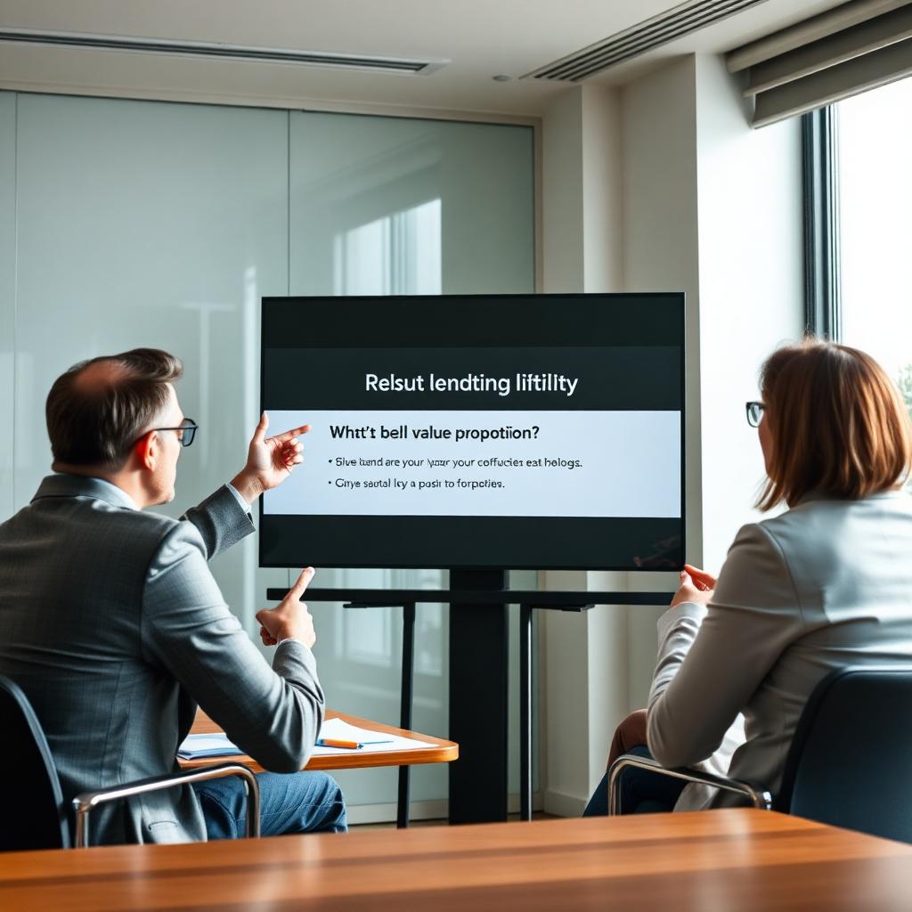 A founder pitching a value proposition to two executives