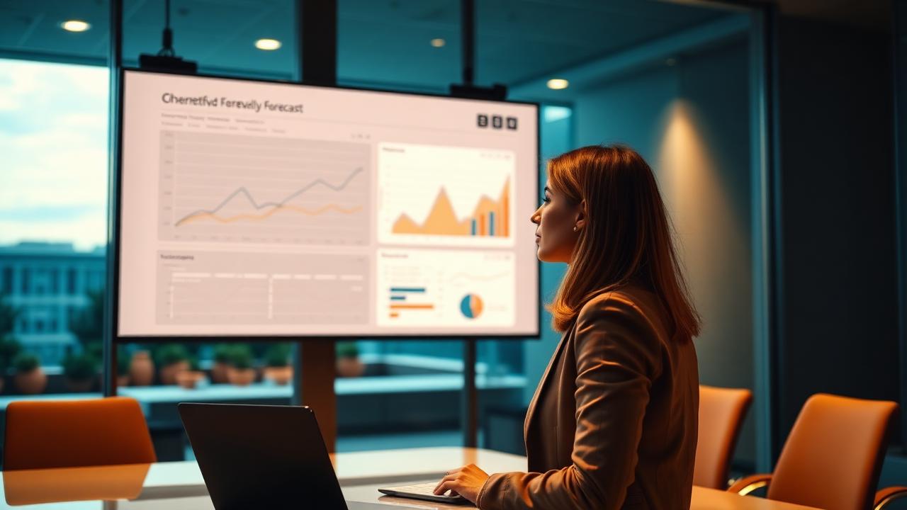 An analyst presenting a forecast slide with KPI dashboards