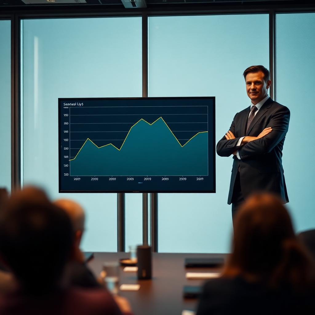 A presenter walking a small audience through a line chart