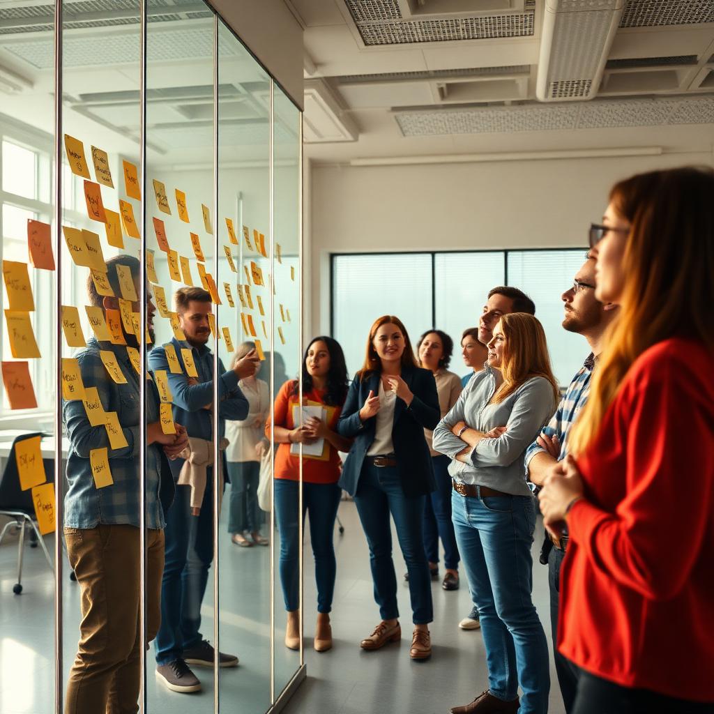 A team retrospective with sticky notes on a glass wall