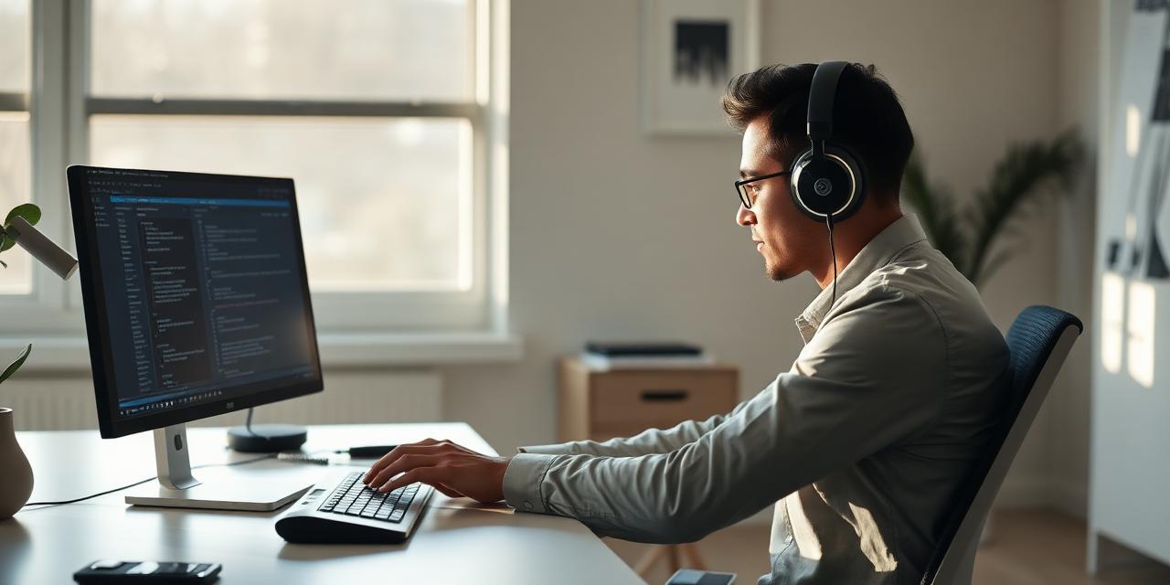 A professional working in deep focus at a clean desk, wearing headphones
