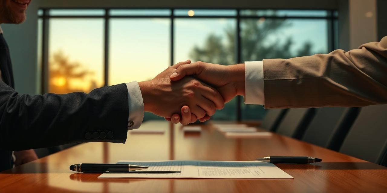 A handshake across a boardroom table over a signed contract