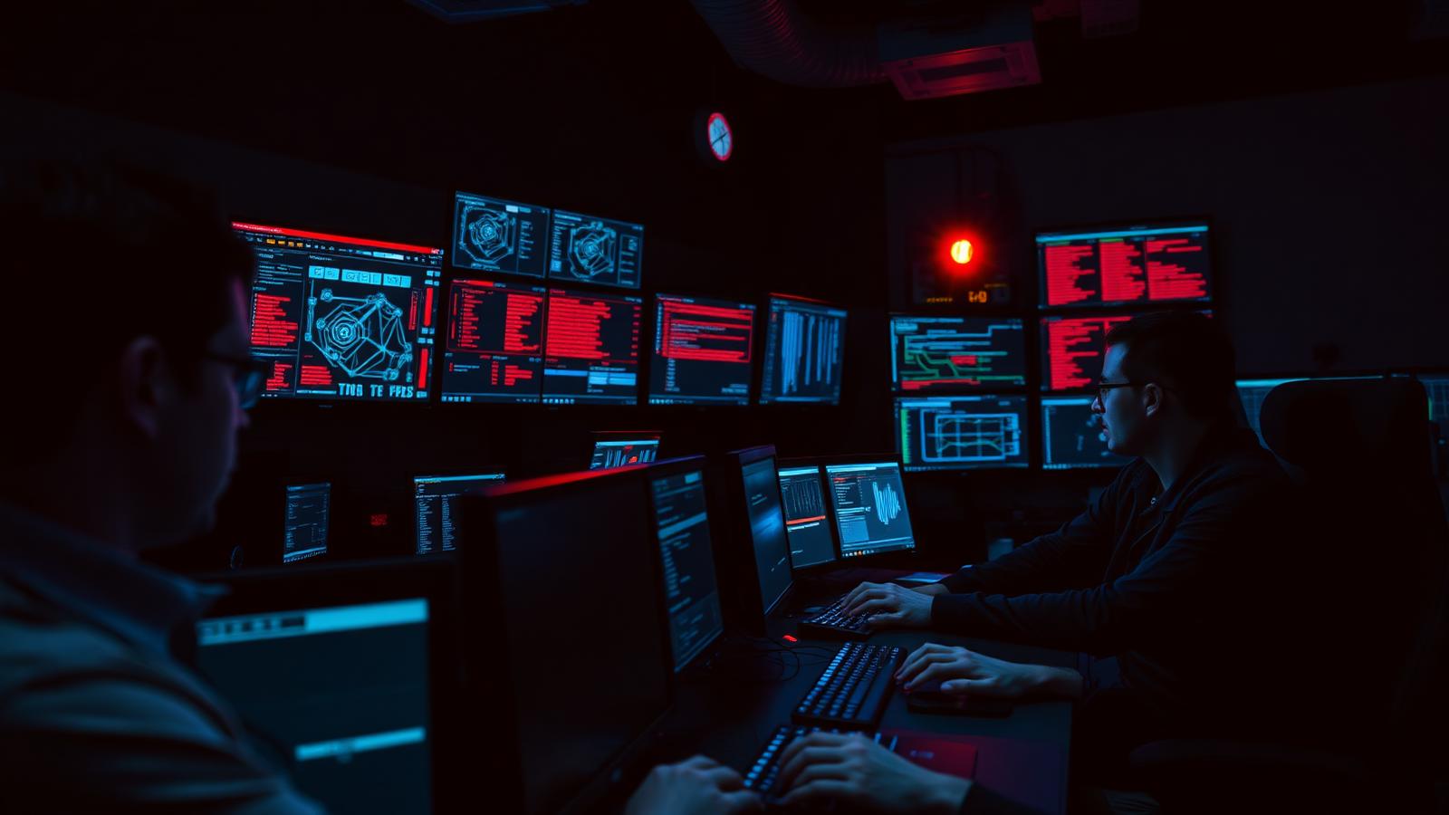 A security operations centre at night — engineers watching red alerts on a wall of monitors