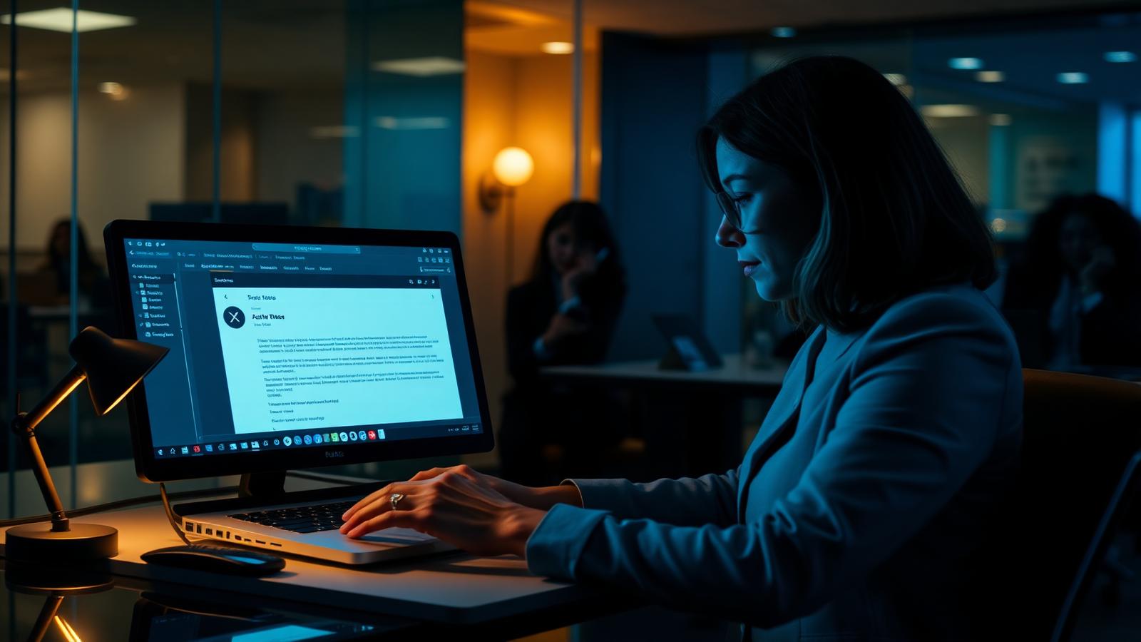 A communications director at a laptop drafting a public statement