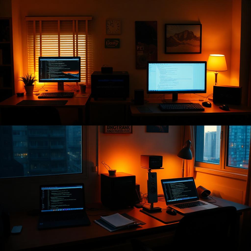 Split-screen of three home offices at dawn, midday and late evening — same document open on all three laptops