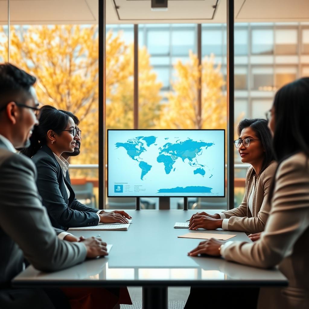 An international team of five in a glass-walled conference room, world map on screen