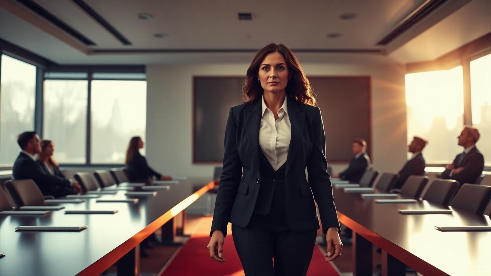 A confident executive walks into a boardroom mid-stride