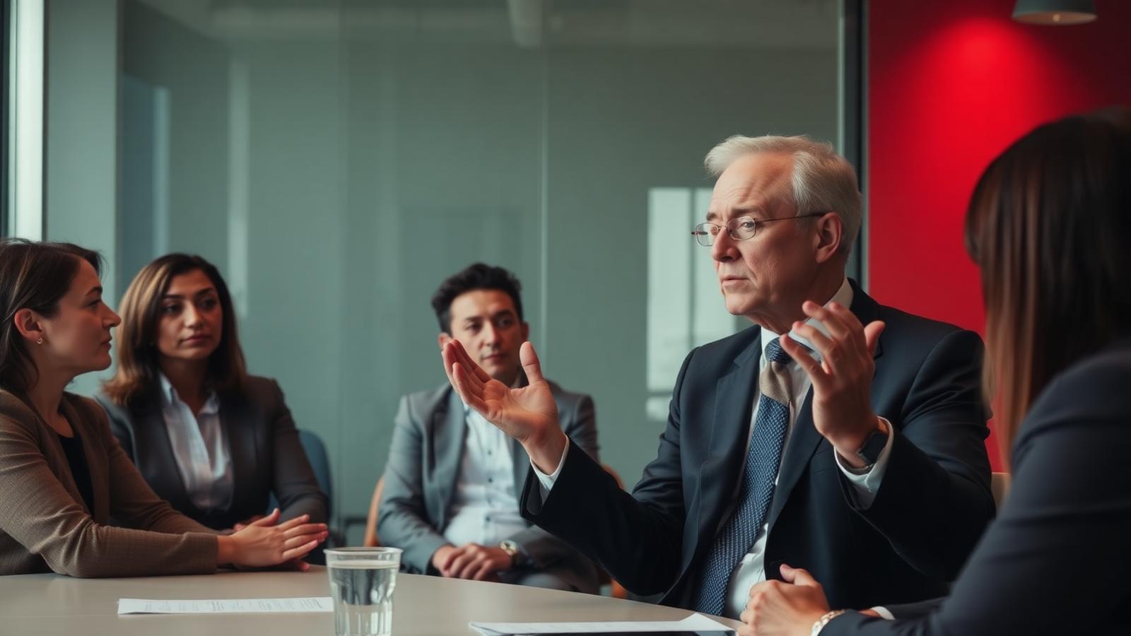 A leader speaking to a small team in a boardroom, moody light, restrained gesture.