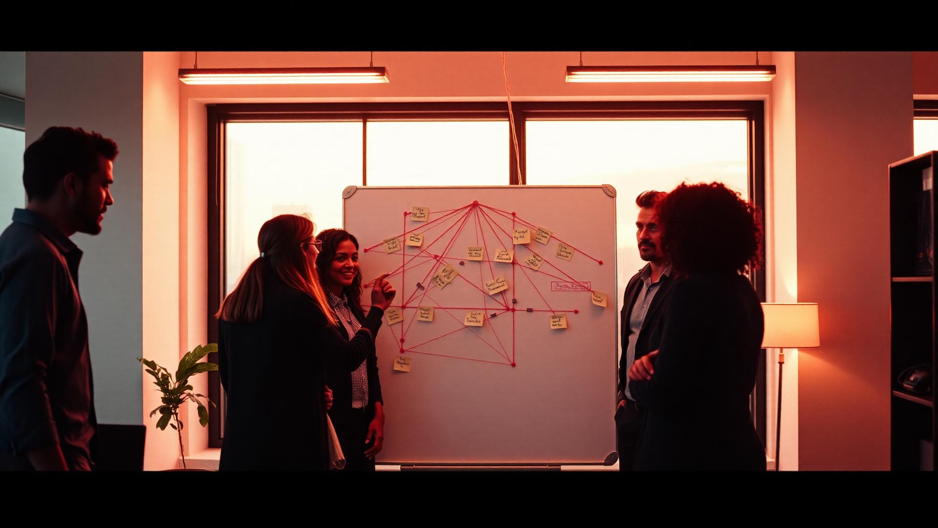 A diverse team gathered around a whiteboard covered in interconnected sticky notes joined by red string, in a warm dusk-lit office.