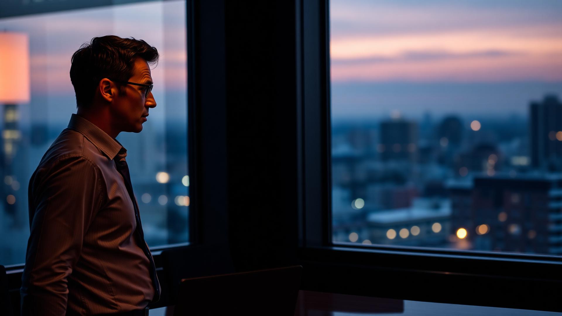 Two executives in a glass-walled meeting room at dusk, mid-difficult-conversation, one leaning forward, the other pausing.