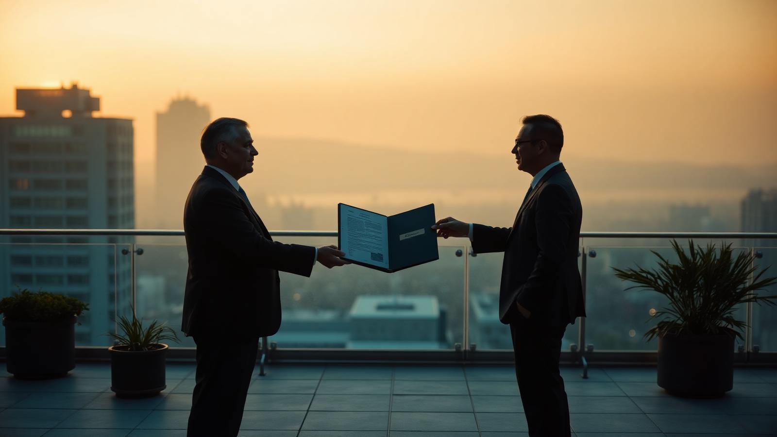 Two figures on a quiet corporate rooftop at golden hour — an outgoing chair and an incoming CEO with a bound legacy document between them, silhouetted against a hazy skyline.