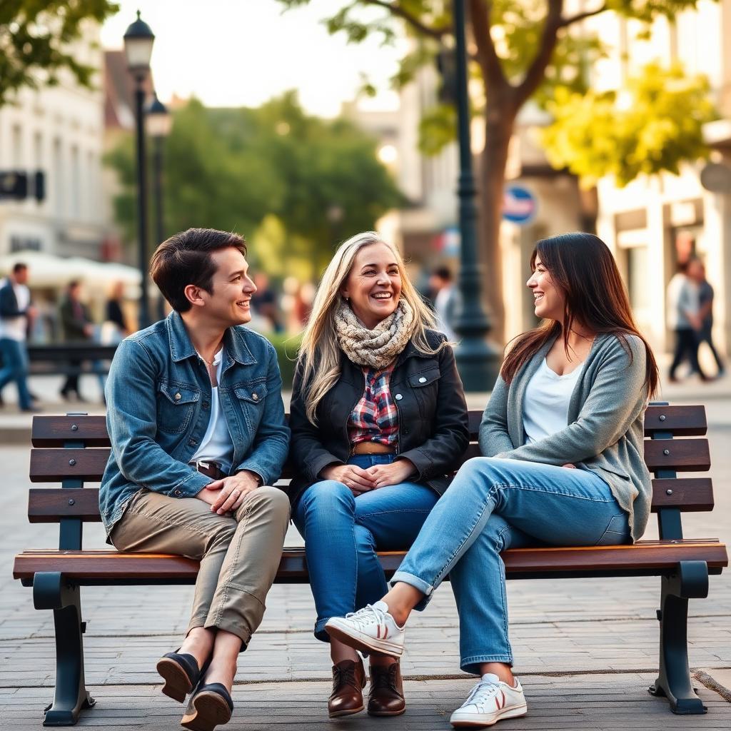 Three friends chatting on a bench in a small town square