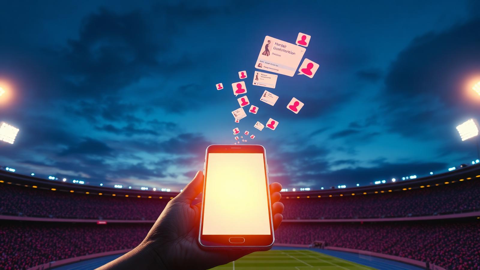 Stadium lights merging with a smartphone screen — sport meets social media